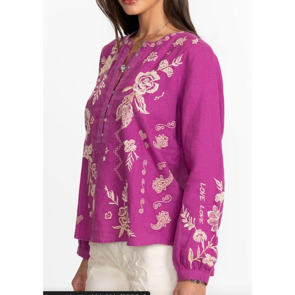 Johnny Was Field Henly Purple Embroidered linen Love Amore Blouse Medium - Picture 3 of 7